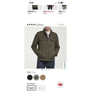 Levi's Mens‎ Olive Green Military Utility Jacket Stand Collar Zip Front Pockets